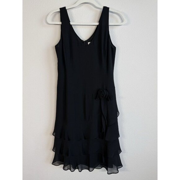 Ann Taylor‎ LOFT Little Black Dress Size 2 Flower Applique Ruffled Tiered Hem - Picture 1 of 13